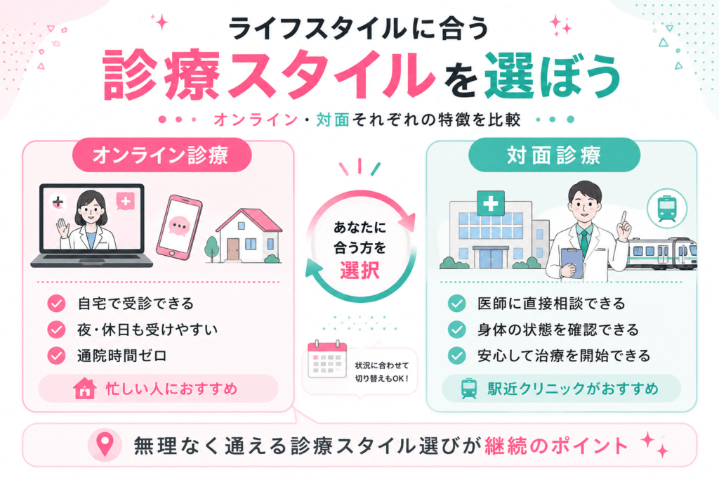ライフスタイルに合わせてオンライン診療か都内対面診療かで選ぶ