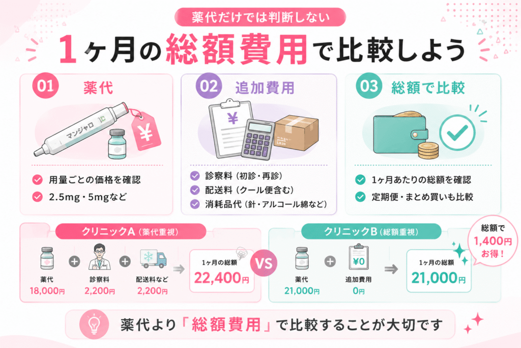 初診料や配送料を含めた1ヶ月の総額費用で選ぶ