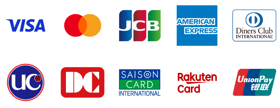 VISA、Mastercard、JCB、American Express、Diners Club、UC、DC、Saison Card、Rakuten Card、UnionPay